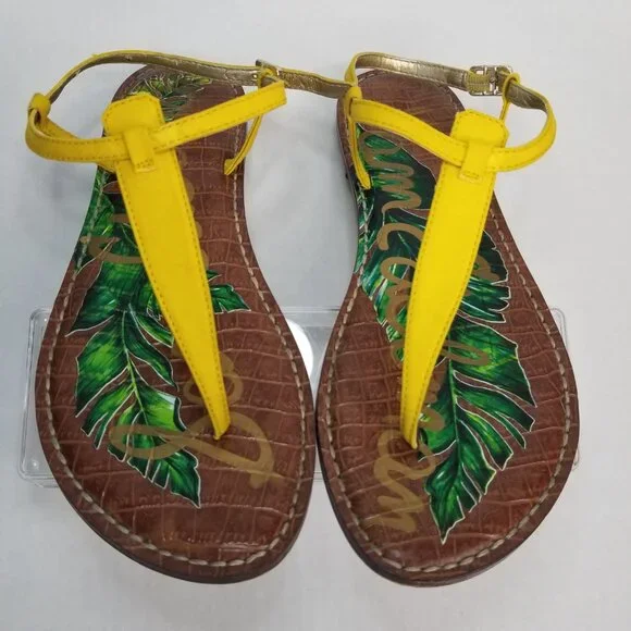 Sam Edelman Tropical Gigi T -Strap Yellow Thong Sandals Boho Resort Summer 7.5W - Picture 10 of 13